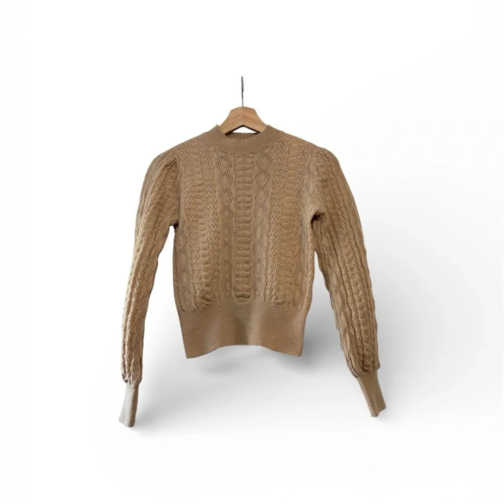 DemyLee X J. Crew Camel Cable Knit Wool Sweater Puff Sleeve Pullover XXS